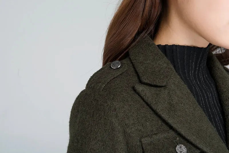 Army Green Wool Winter Coat - Relaxed Fit Button-Down Jacket 1628