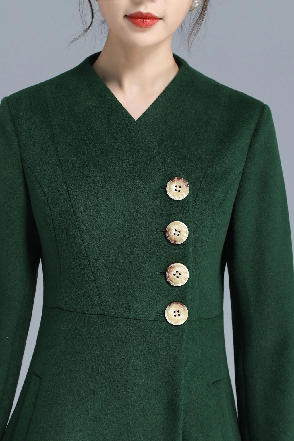 Emerald Green Wool Blend Trench Coat - Fit and Flare Silhouette 3207