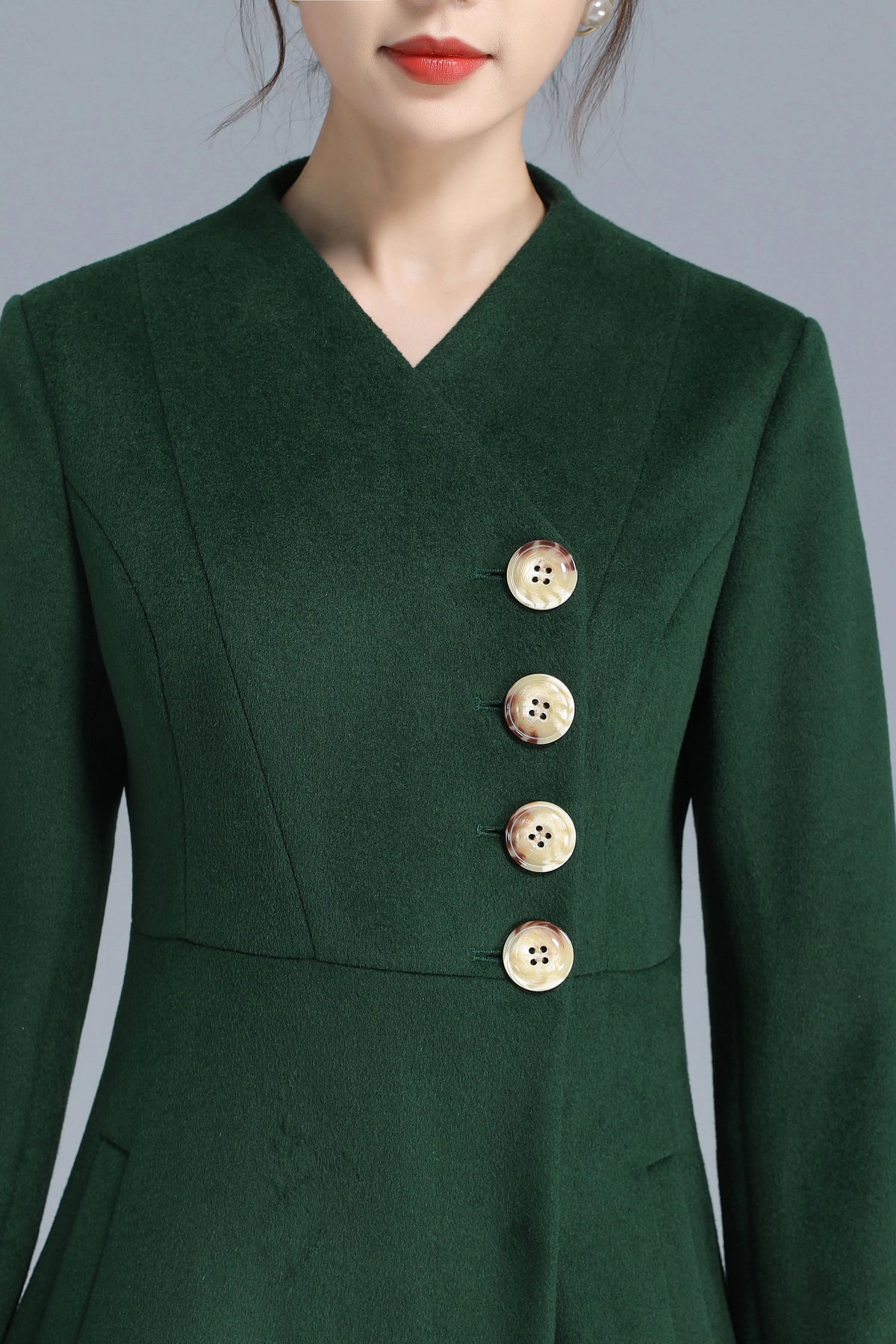 Emerald Green Wool Blend Trench Coat - Fit and Flare Silhouette 3207