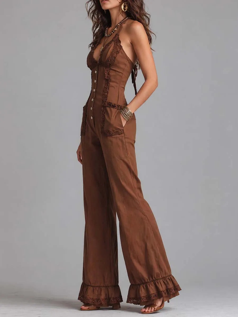 Vintage Brown Lace-Trim Halter Neck Flared Jumpsuit
