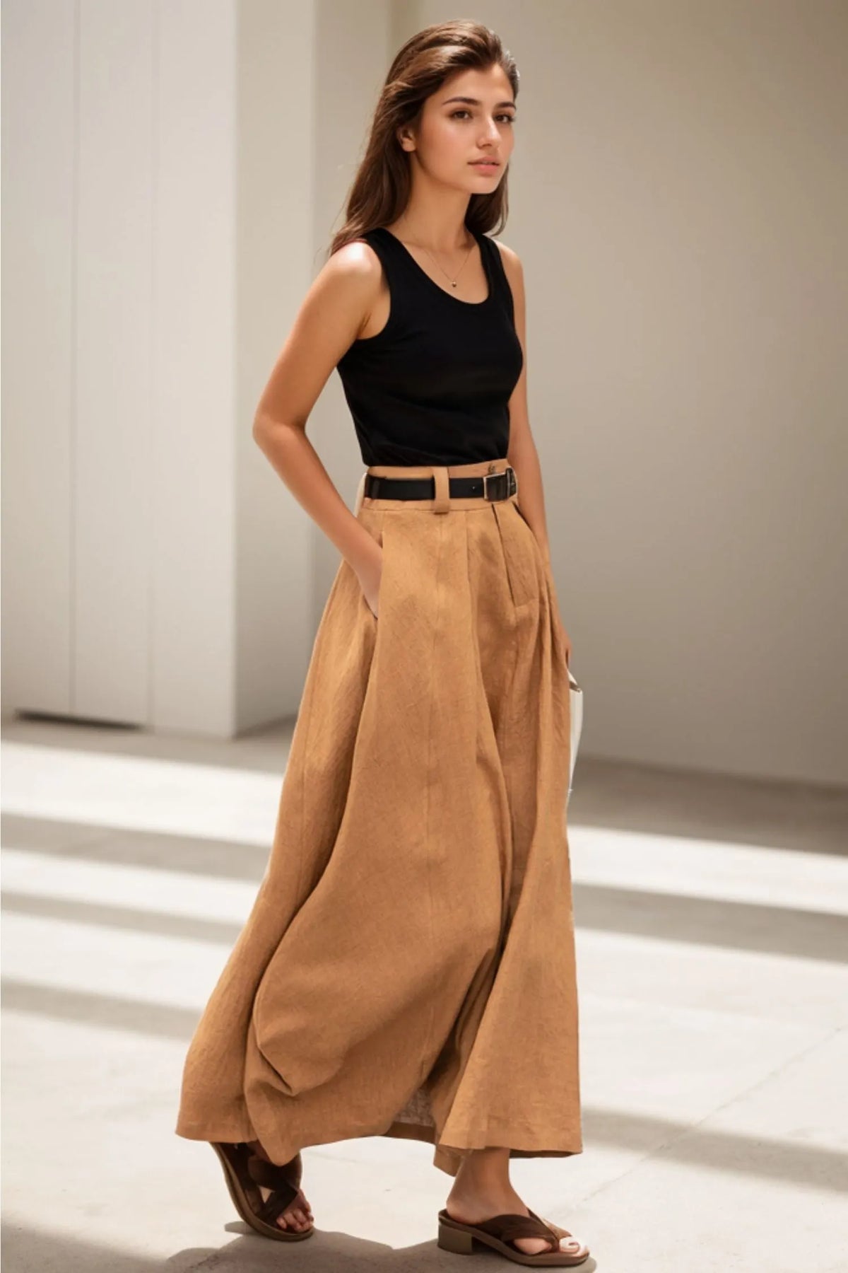 Handmade Linen Maxi Skirt – Camel High Waist A-Line Skirt with Pockets 
