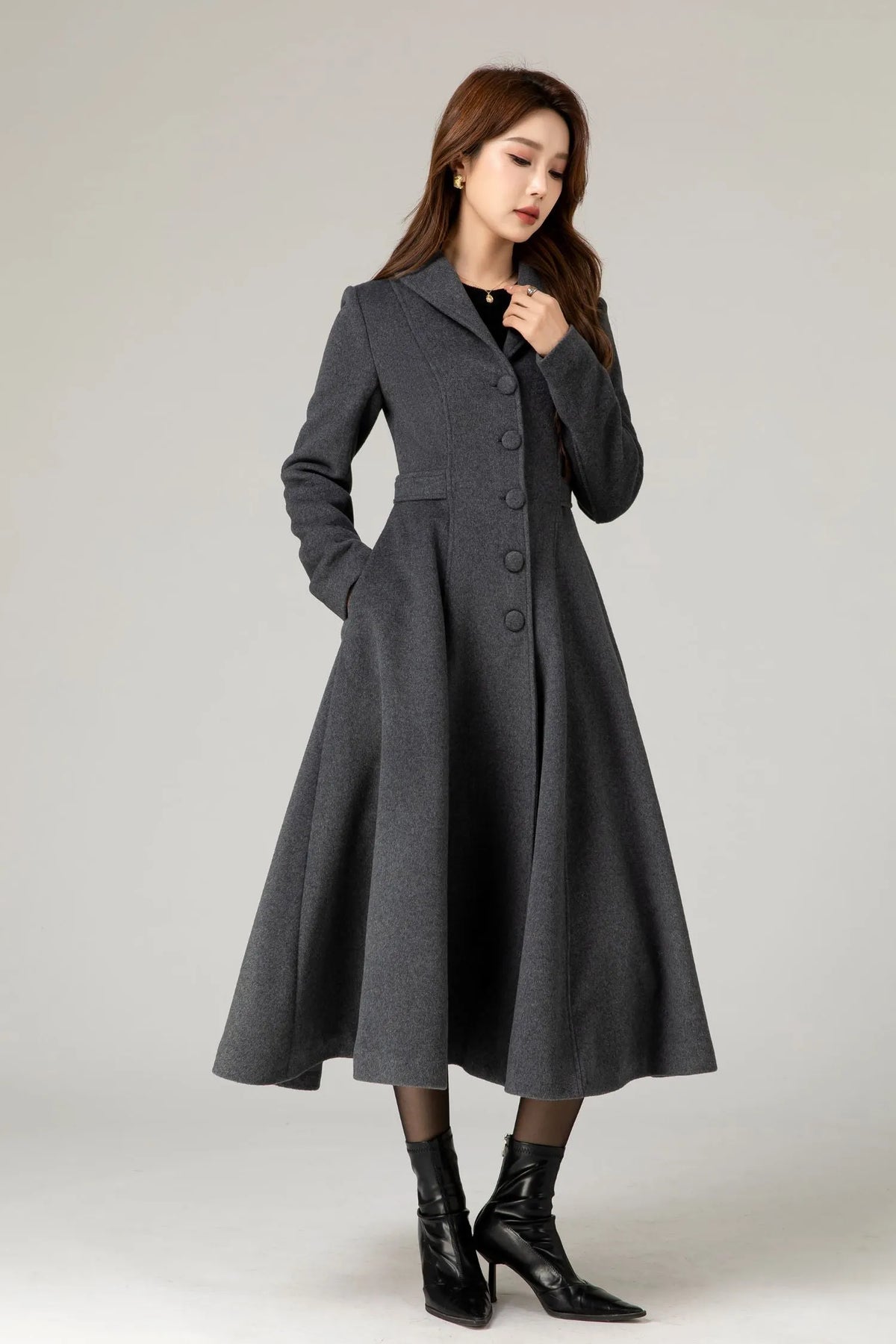 Handmade Charcoal Grey Wool Coat – Vintage Tailored A-line Long Winter Overcoat 