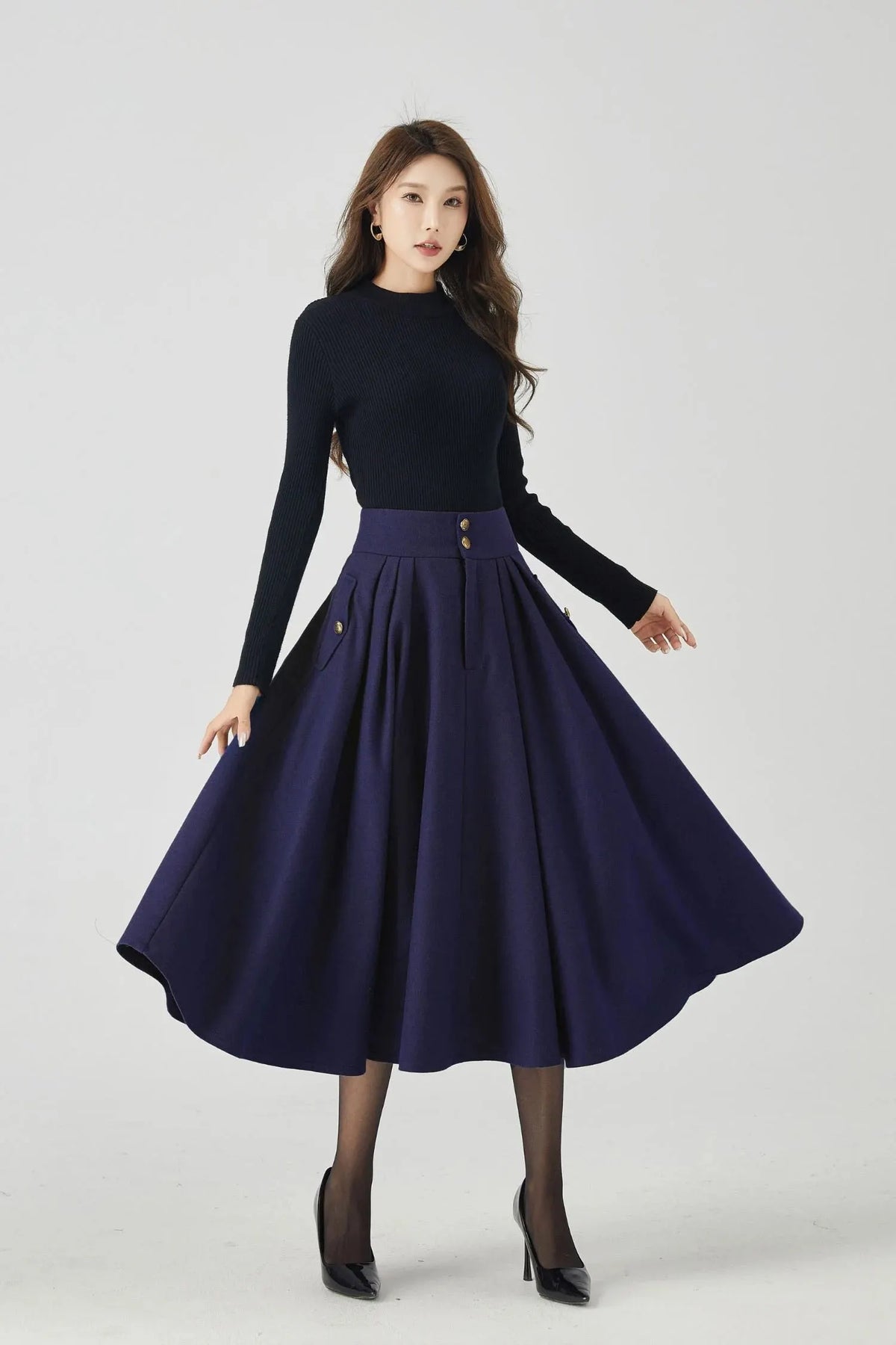 Navy Wool Midi Skirt - Pleated Swing Silhouette 5383