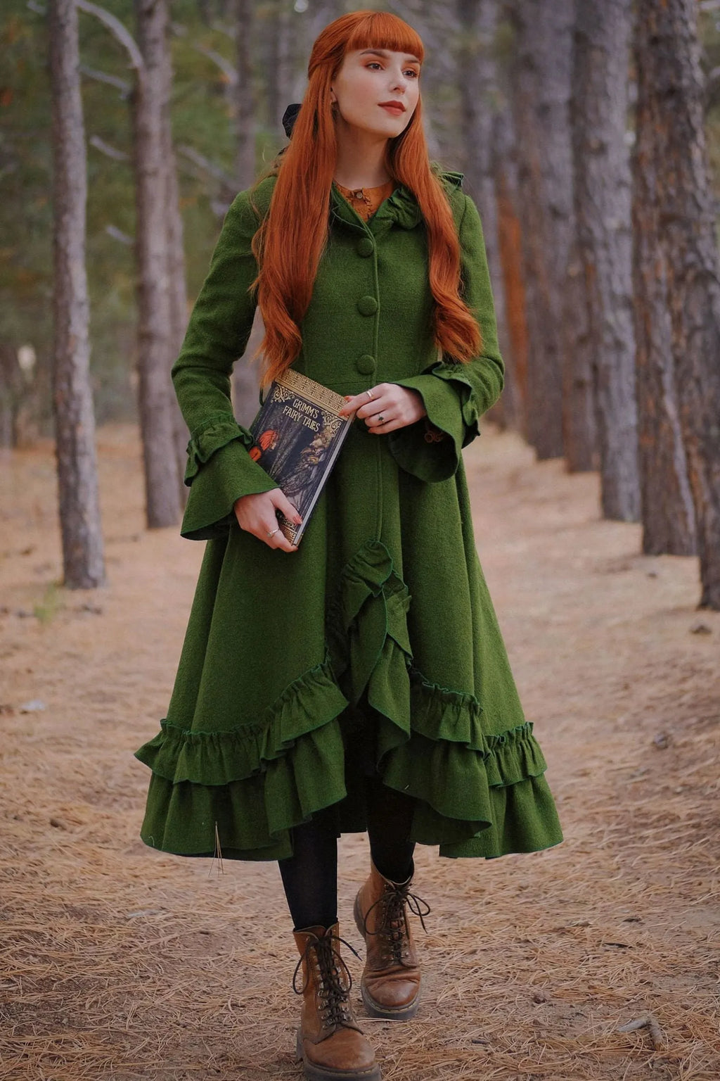 Green Wool Coat with Hood and Ruffled Trim - Long, Flowy Silhouette 3967