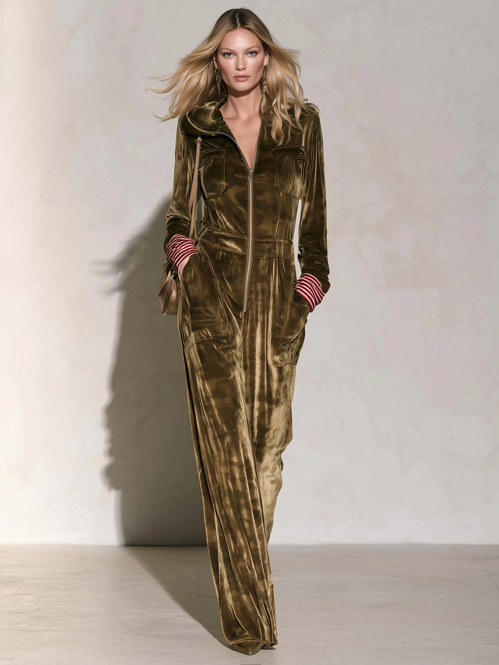 Vintage Utility Camo Olive Velvet Hooded Zip-Up Wide Leg Long Sleeve Jumpsuit