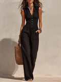 Shirt-Collar Tencel Jumpsuit With Lace Trim And Shirring