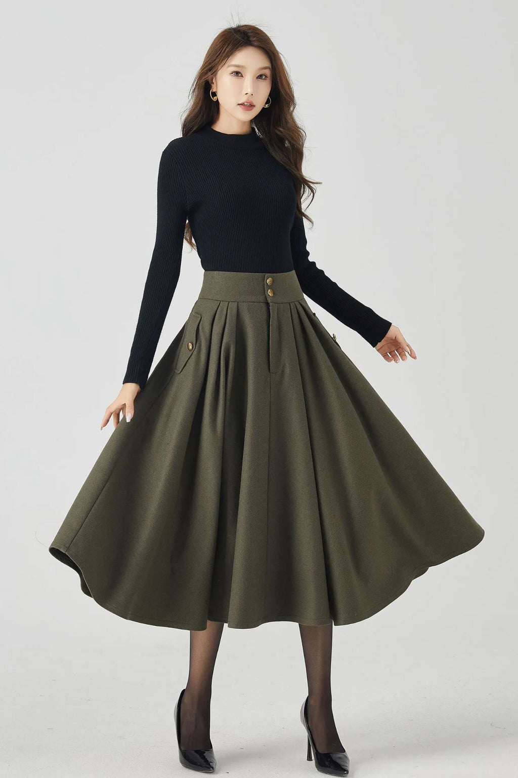 Army Green Wool Pleated Skirt - Elegant Below Knee Silhouette 4530