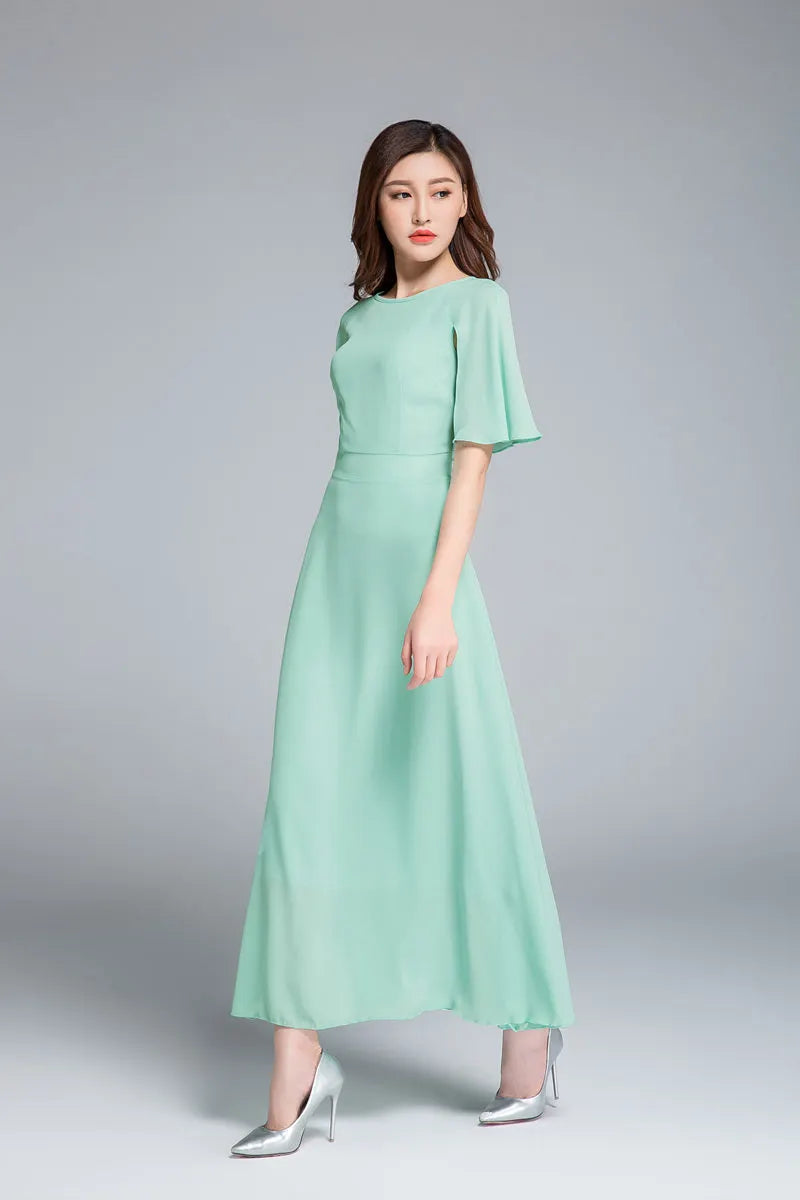 Emerald Green Chiffon Dress - Fitted Waist A-Line with Cape 1768