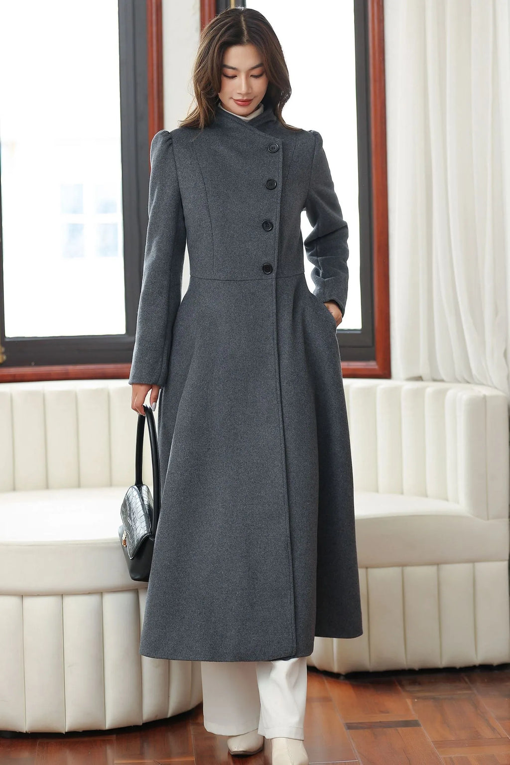 Dark Gray Wool Long Coat – Vintage A-Line Winter Overcoat with Pockets 4027