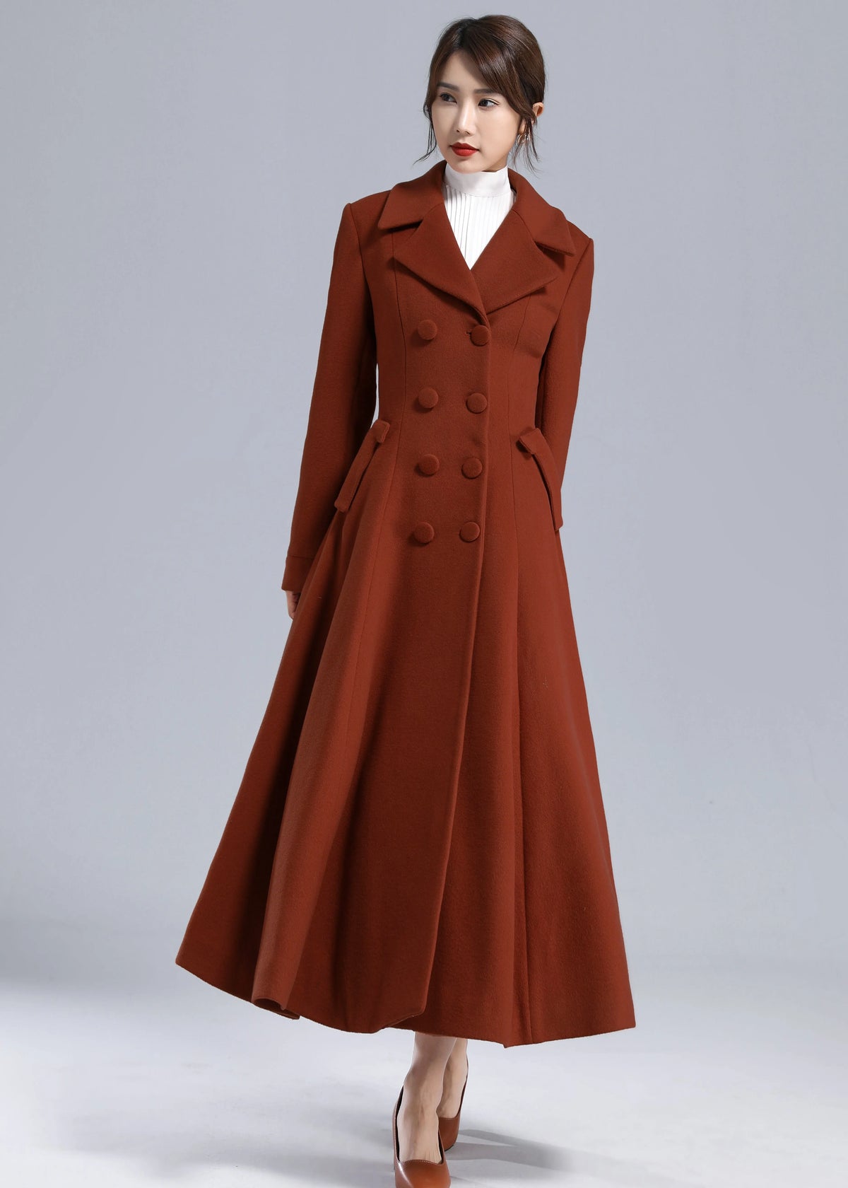 Rust Red Wool Maxi Coat – Statement Double Breasted Swing Overcoat 5495