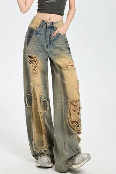 High Waist Distressed Wide Jeans