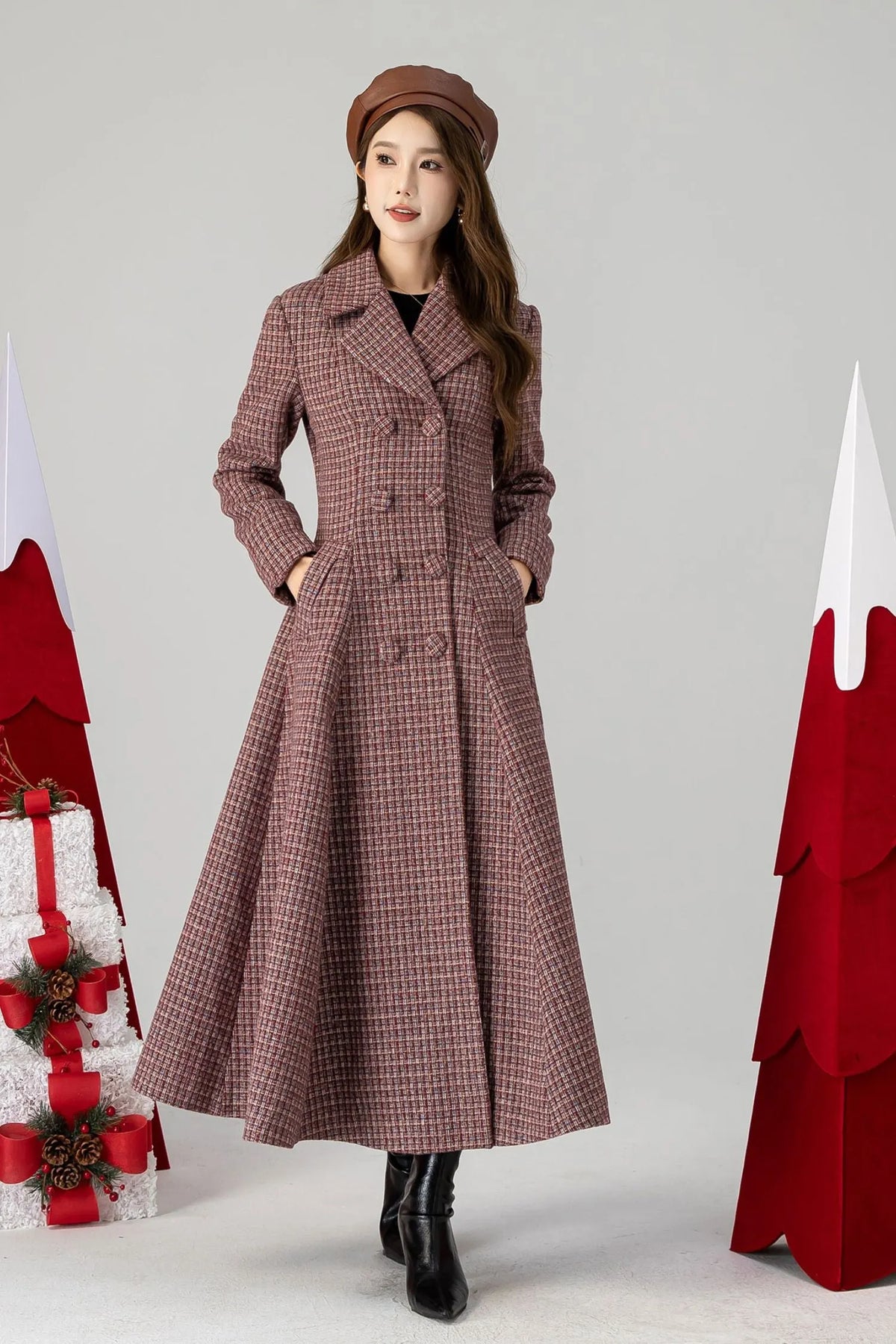 Plaid Wool Coat Maxi - Fit and Flare Double Breasted 4614