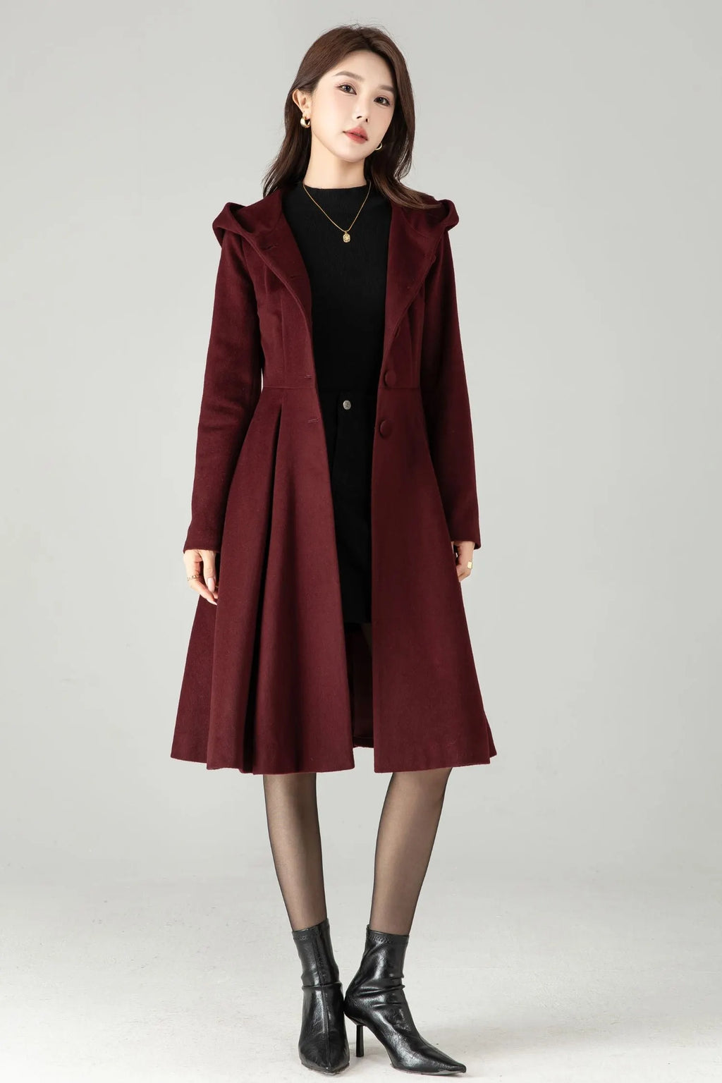 Hooded Burgundy Wool Coat – Vintage Fit & Flare Short Winter Coat 