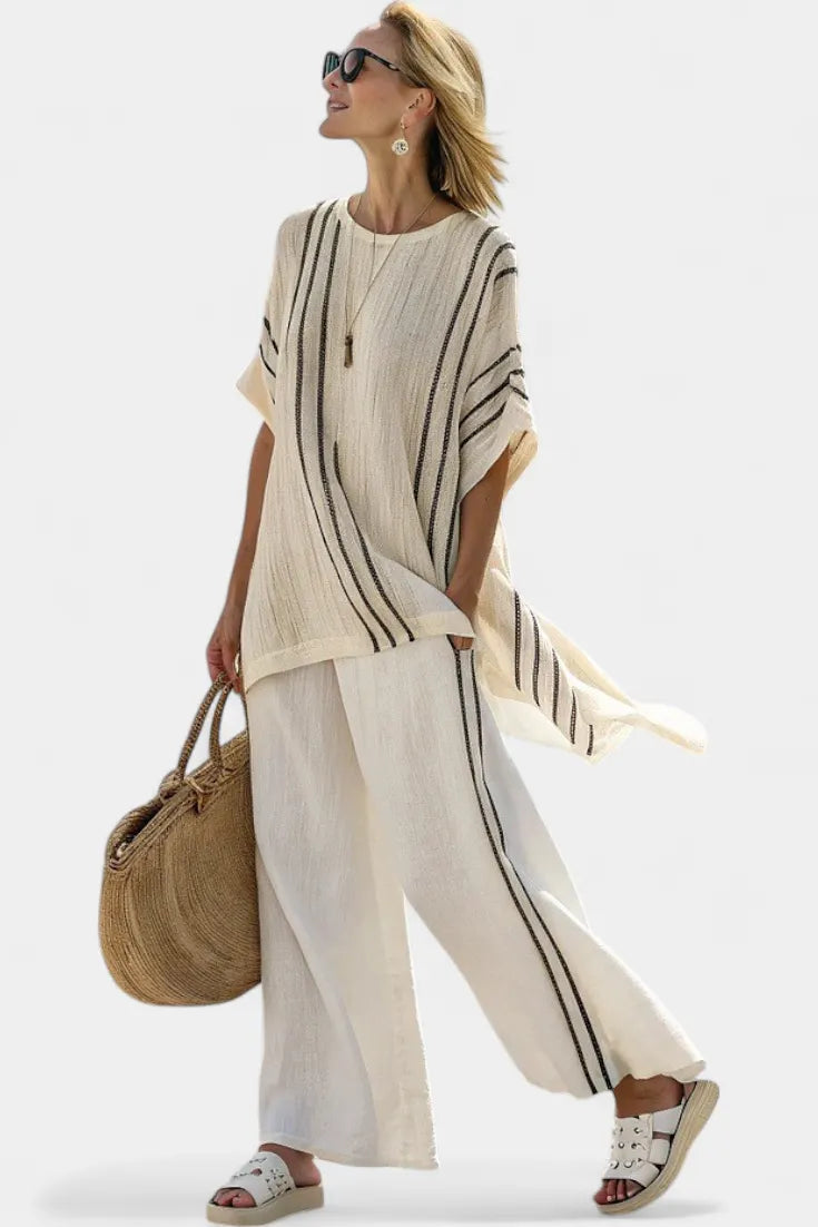 Greysen | Elegant Ivory Linen Blouse & Black Striped Pants