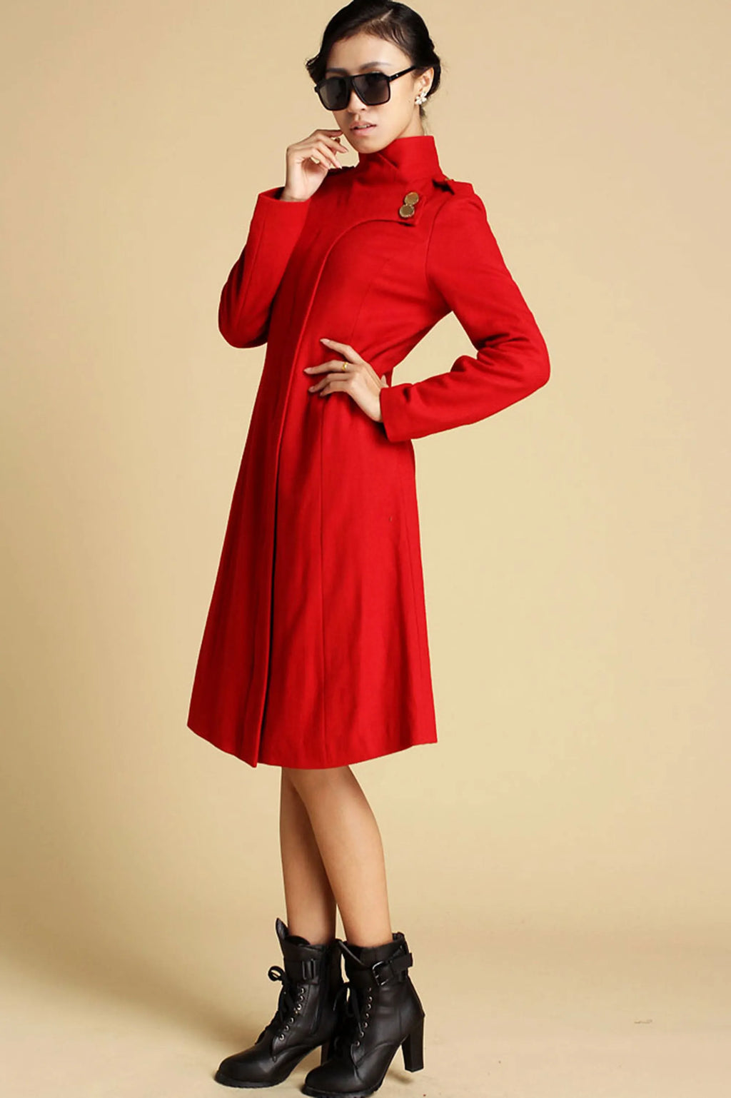 Vintage Wool Coat for Women – Handmade Red Military Style Midi Winter Coat with Sculpted Collar 