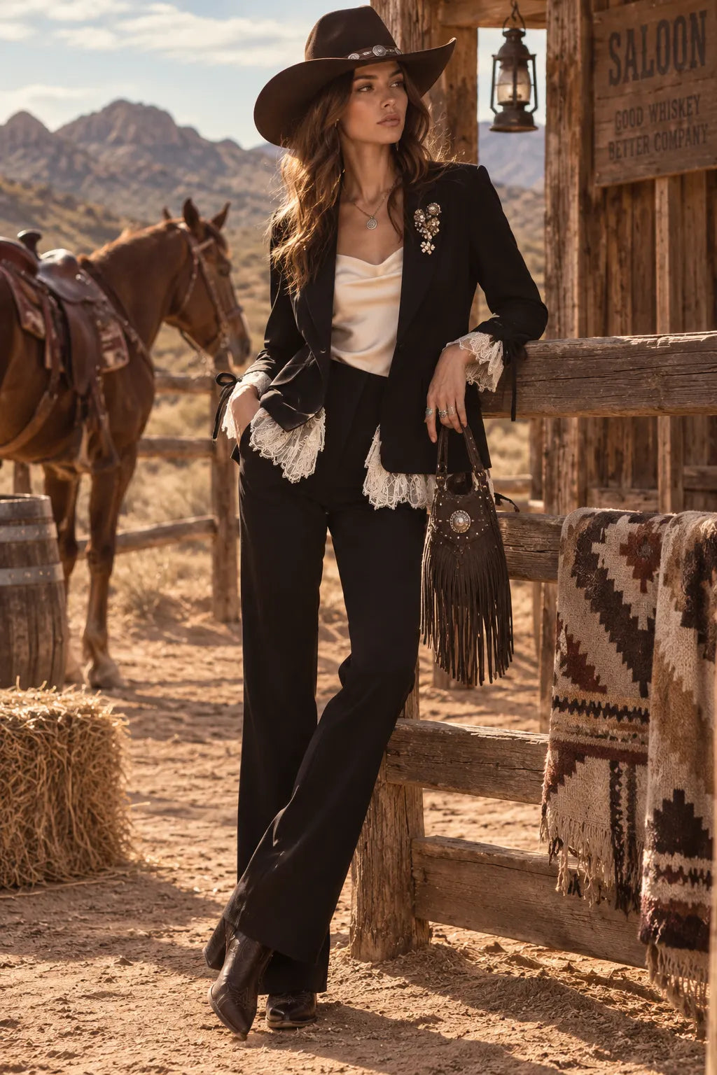 Black Lace Trim Western Pants Set