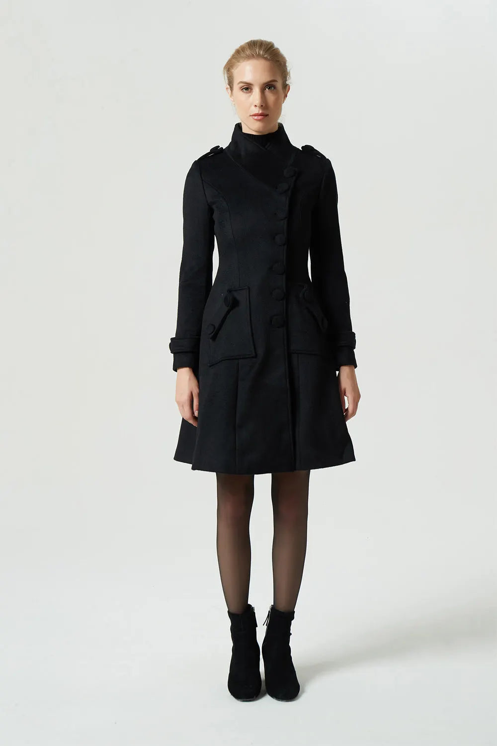 Elegant Black Winter Coat – Wool Blend Knee-Length Jacket with Stand Collar & Pockets 1957
