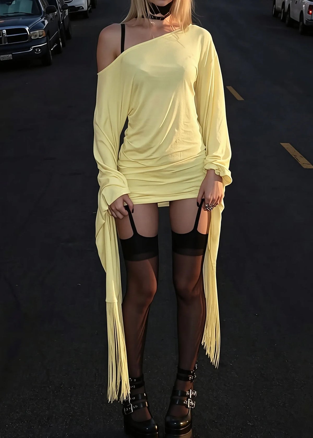 Flare Sleeve Tassel Patchwork Asym Neck Mini Dress