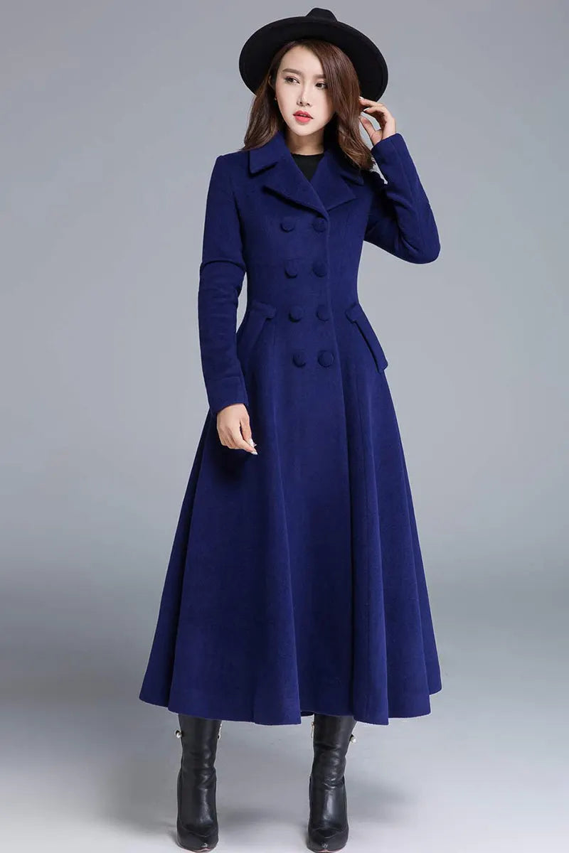 Blue Wool Winter Coat – Double Breasted Long Overcoat with Pockets  1685