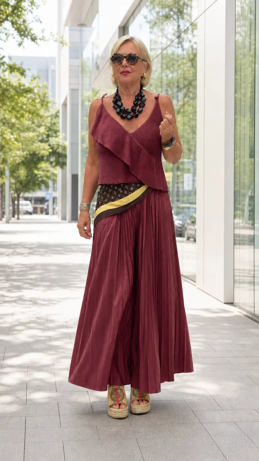 Women's Ruffle V-Neck Camisole & Pleated Wide-Leg Pants Two-Piece Set
