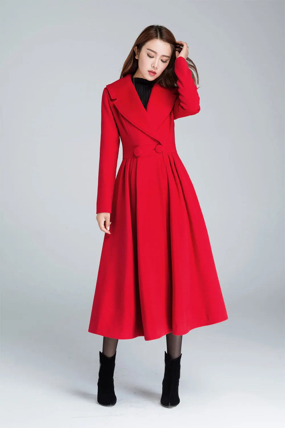 Vintage Red Wool Blend Coat – Princess Pleated Long Winter Overcoat 