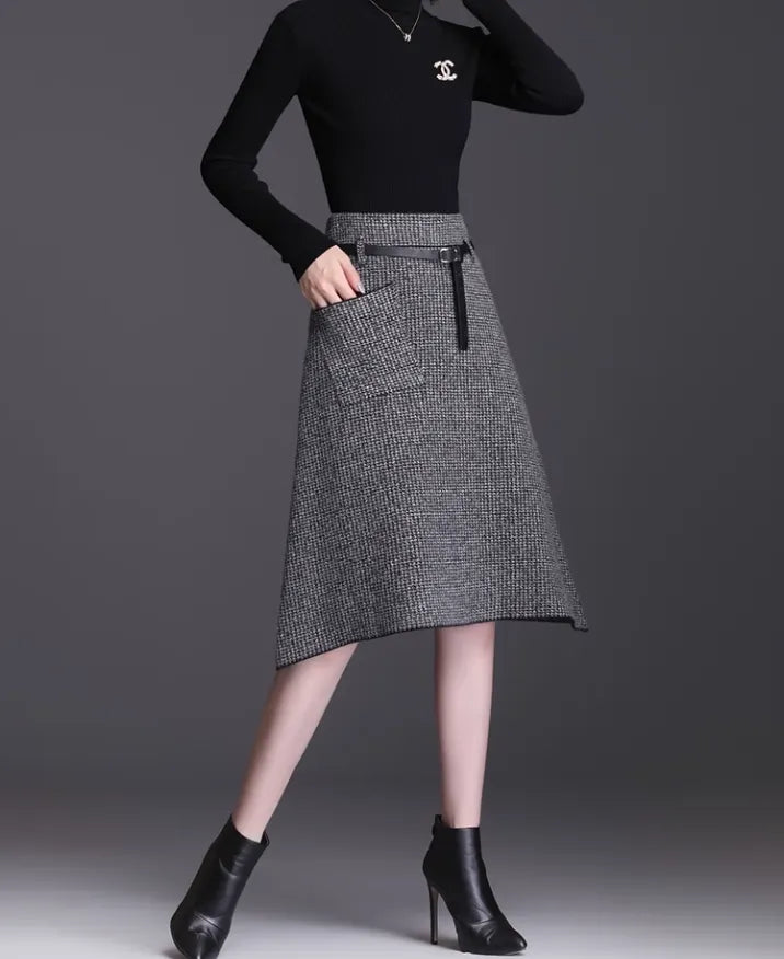 Handmade Brown Knit A-Line Skirt – Asymmetrical Hem with Pockets for Autumn Winter 6134