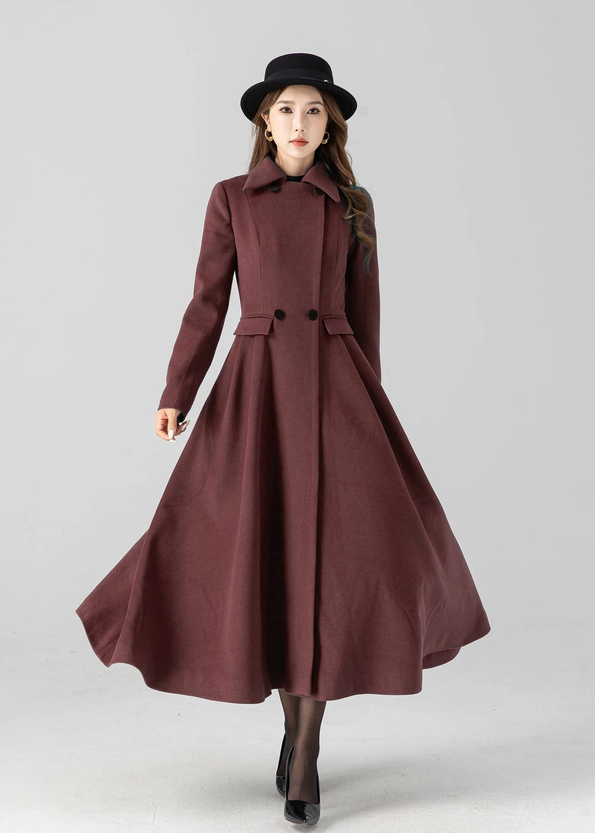 Burgundy Wool Long Coat - Vintage Inspired A-Line Swing 5506