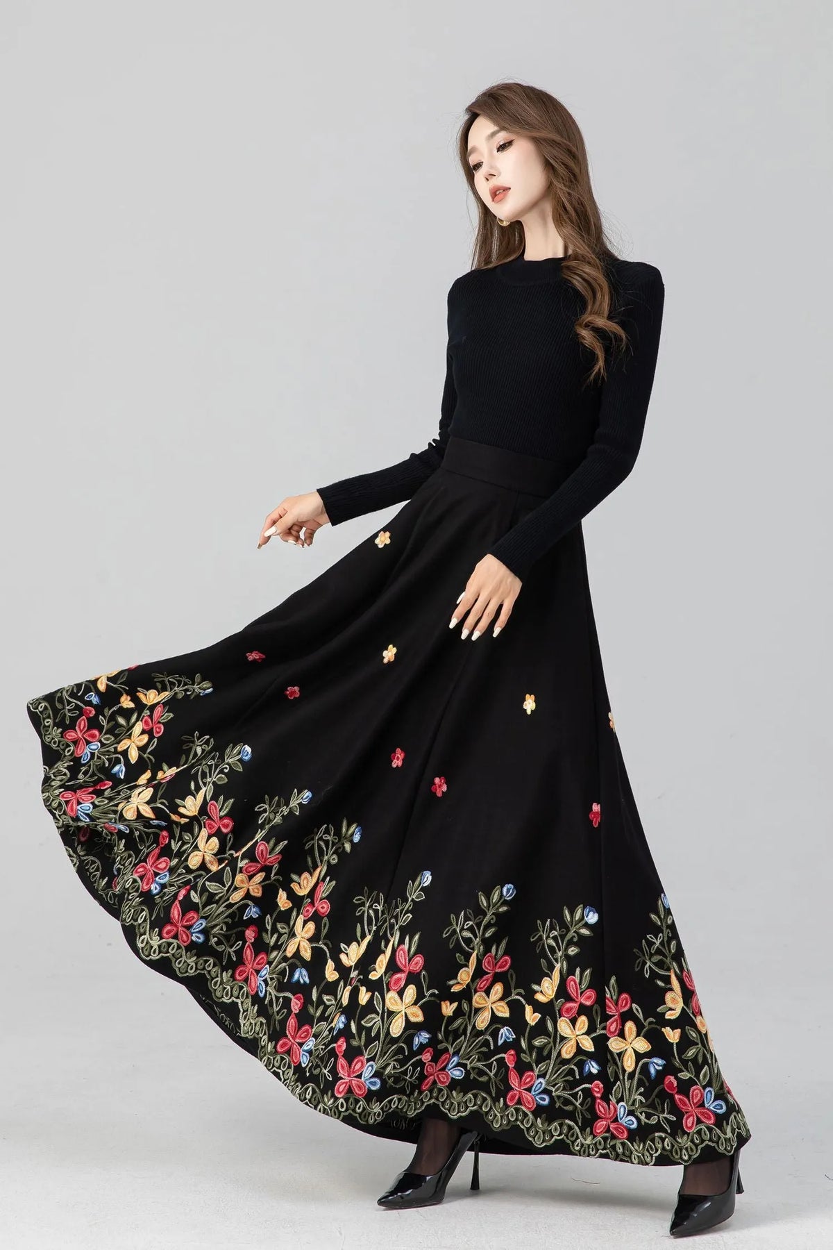Black Wool Maxi Skirt - Floral Embroidery Hem, A-Line Silhouette 5270
