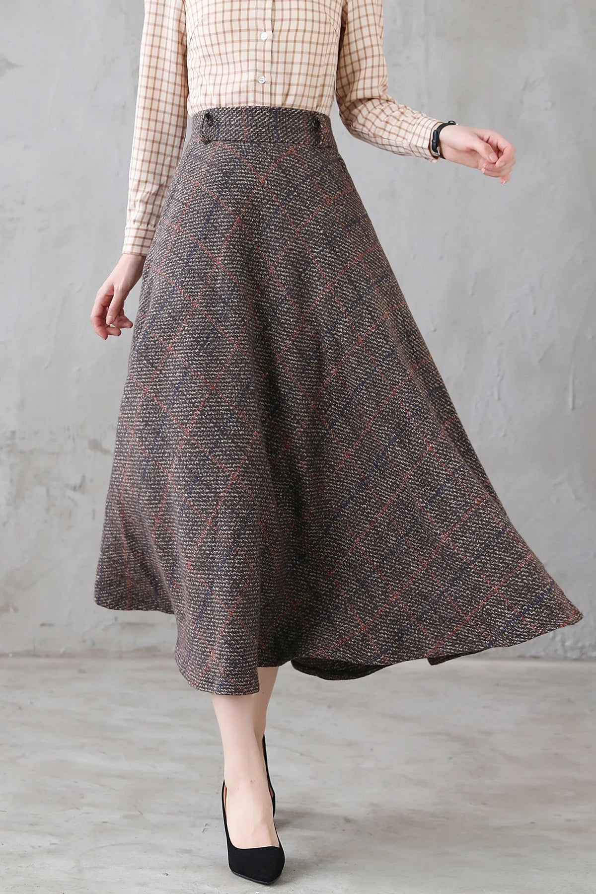 Coffee Plaid Wool Maxi Skirt - Retro Flared Ankle-Length 3119