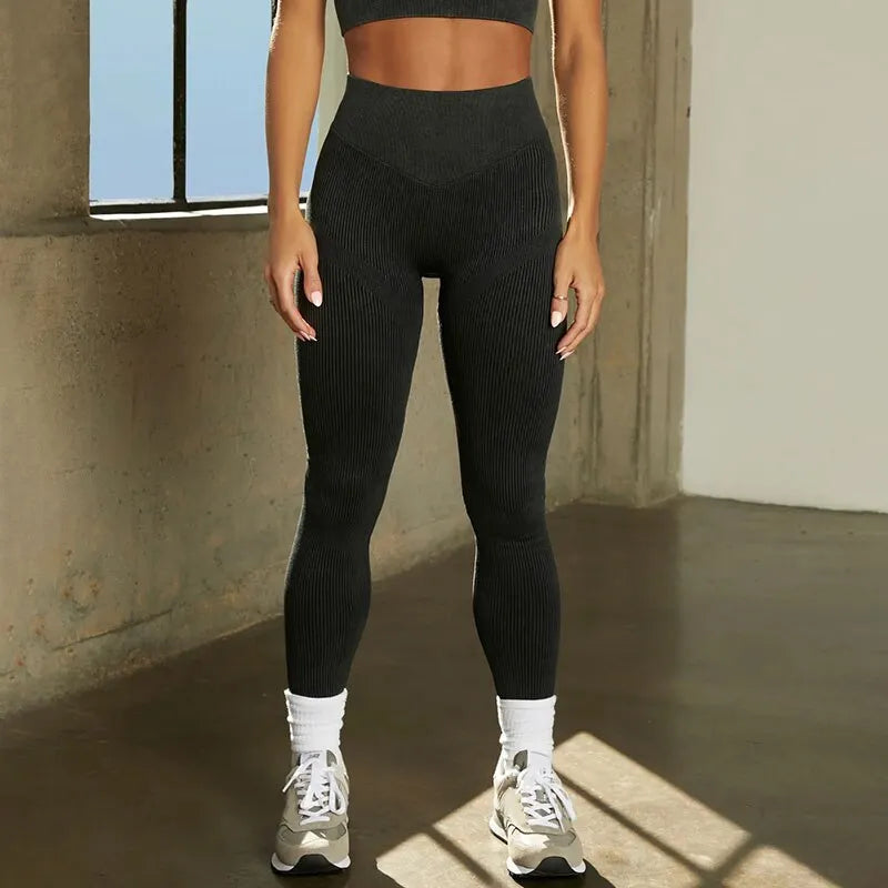 KittenAlarm - Mojoyce Ribbed Yoga Pants Fitness Sports Leggings Seamless Push Up Tights High Waist Workout Gym Clothing 