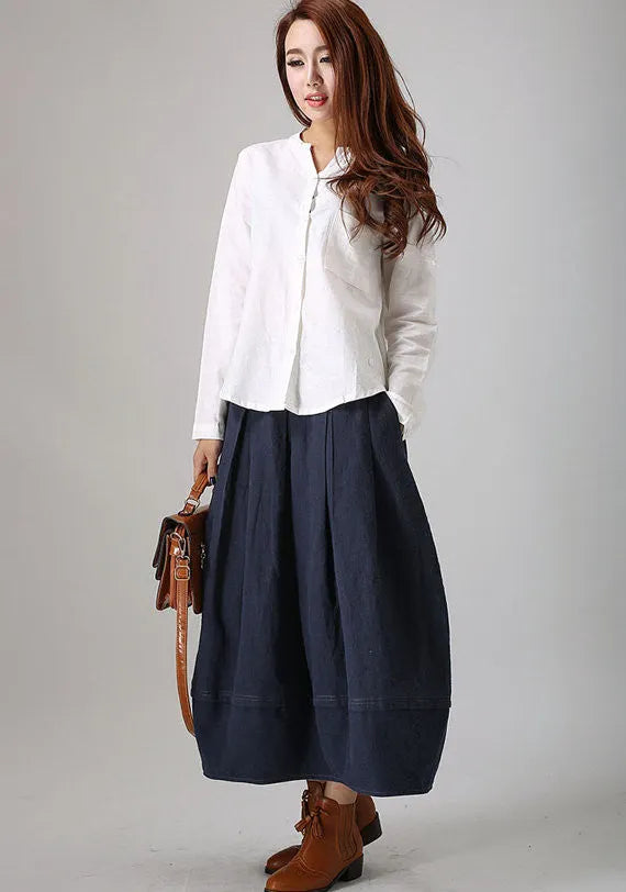 Navy Linen Blend Bubble Skirt - Above Ankle Length with Side Pockets 778