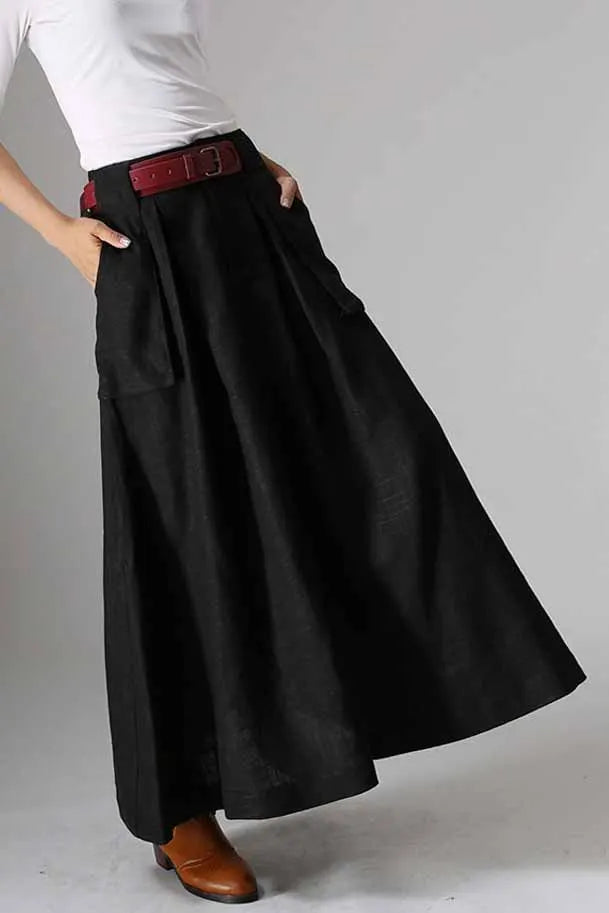 Black Linen Maxi Skirt - Big Pocket Detail 979