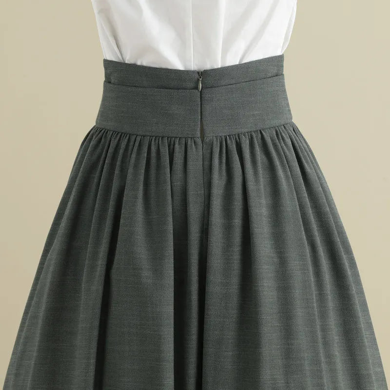 Green Linen Cotton Midi Skirt - Pleated High Waist with Drawstring 2788