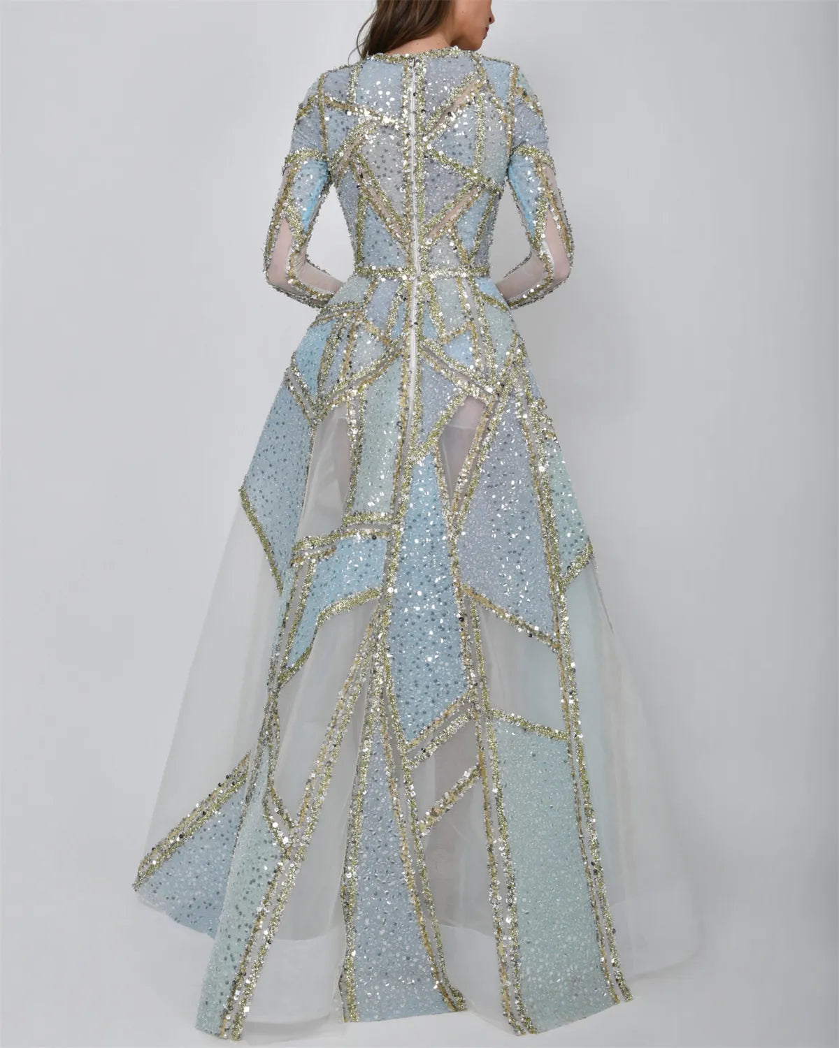 Women's Round Neck Long Sleeve Sequined Evening Dress