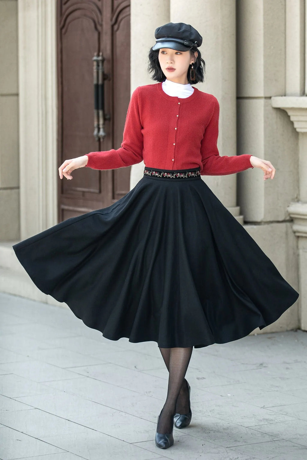 Black Wool Midi Skirt - Embroidered Waist A-Line Circle Skirt 5310