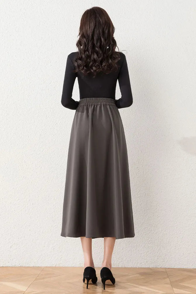 Brown Cotton Blend A-Line Long Skirt - Asymmetrical and High Waist 40