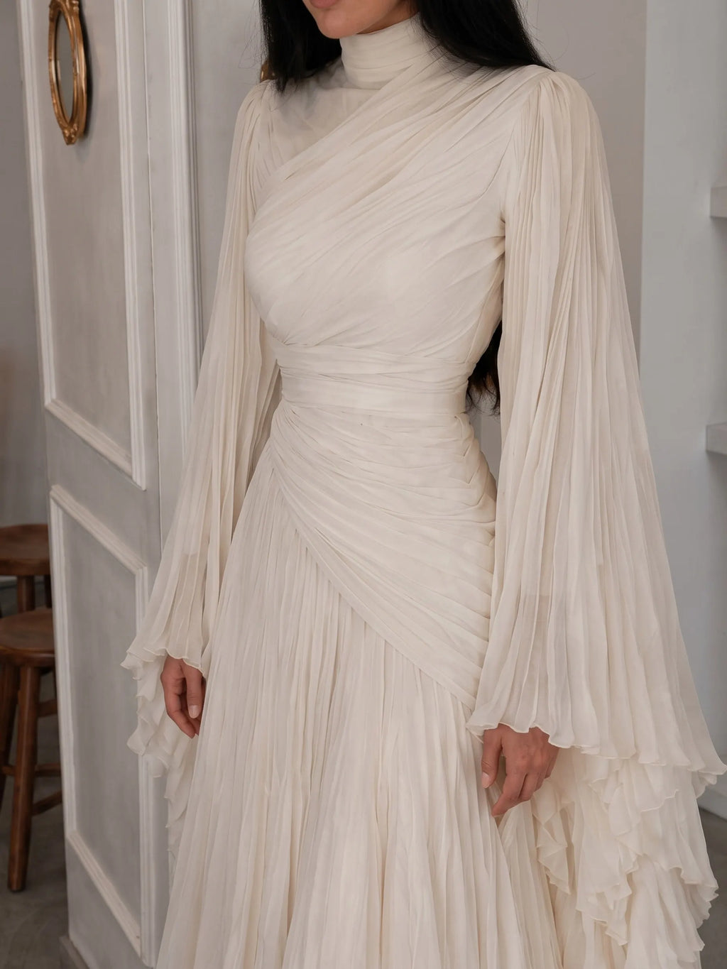 High Neck Ruched Pleated Balloon Sleeve Maxi Dress