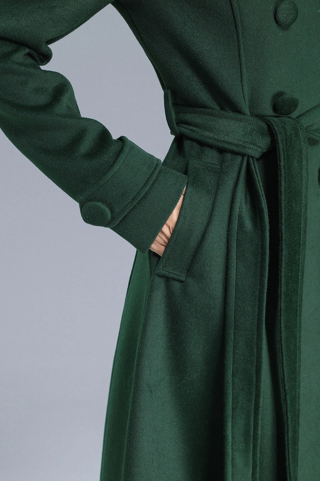 Green Wool Long Coat - Double Breasted with Belt 3214