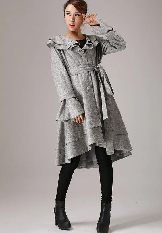 Wool Ruffled Coat – Women’s Vintage Belted Layered Hem Jacket 0763