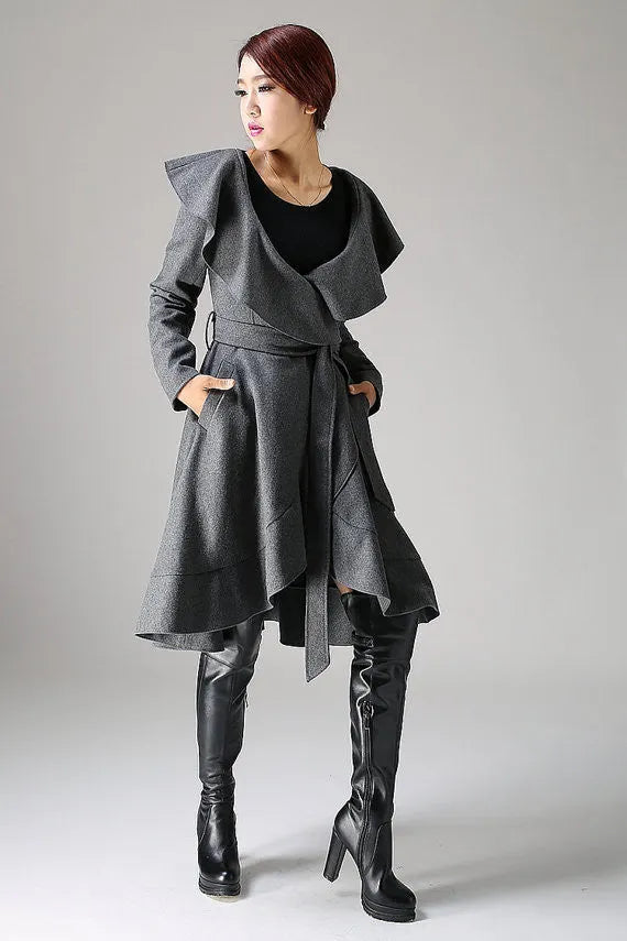 Wool Blend Ruffled Coat – Vintage Belted Lantern Sleeve Winter Jacket 1075