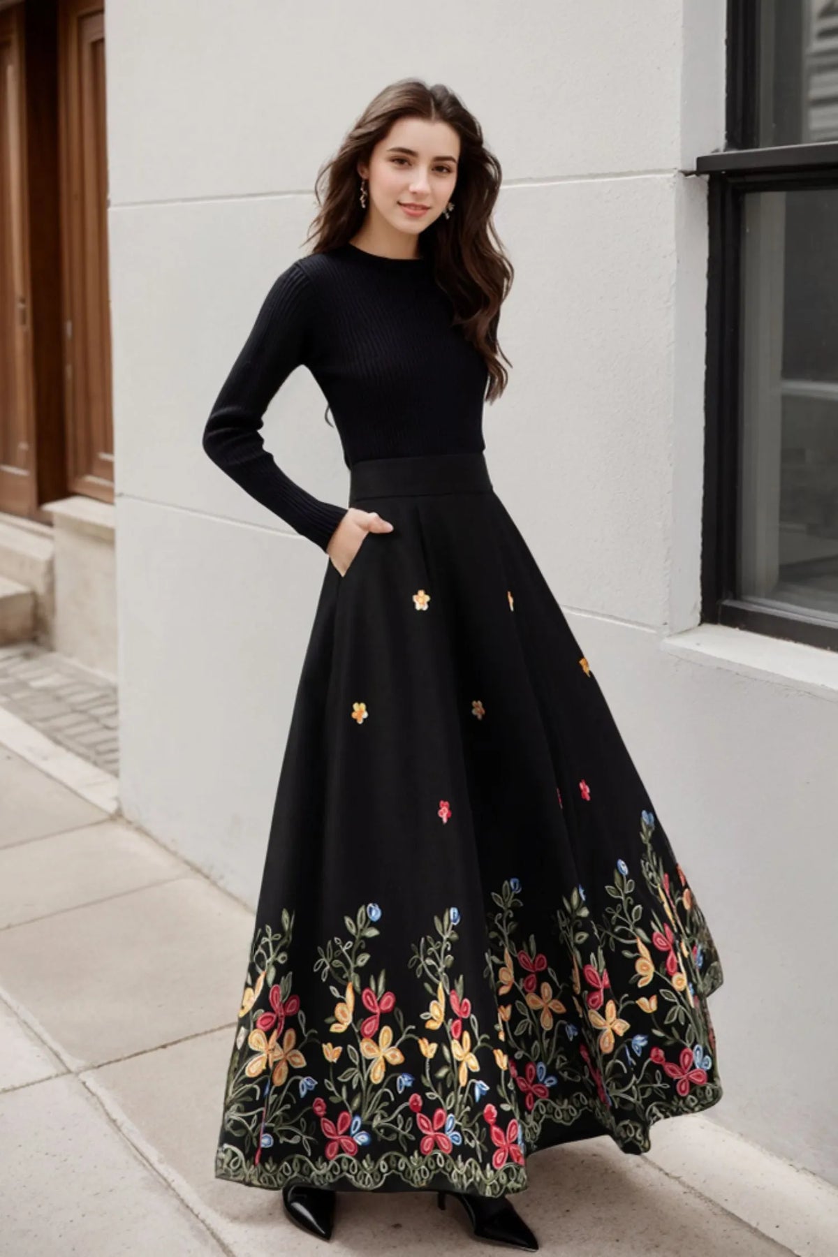 Black Wool Maxi Skirt - Floral Embroidery Hem, A-Line Silhouette 5270