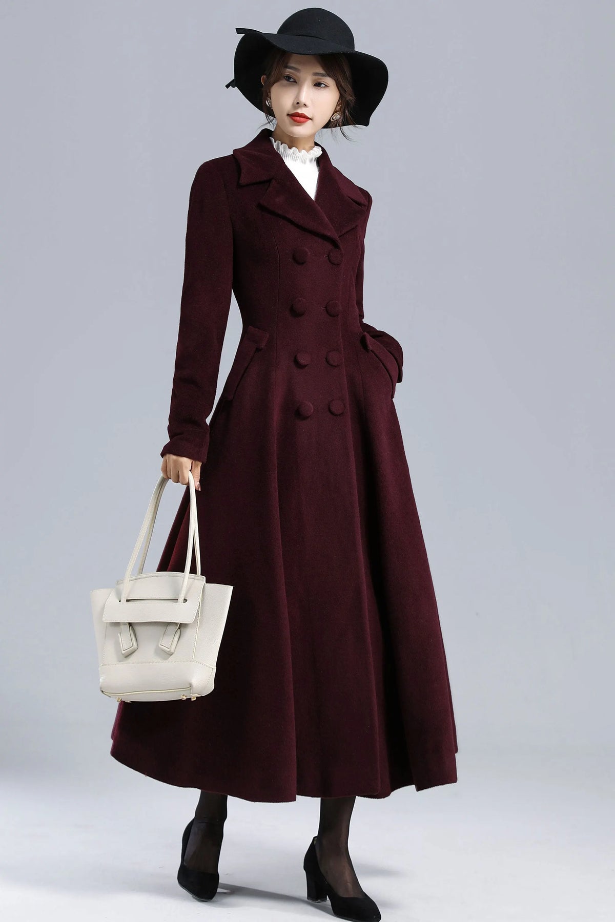 Burgundy Wool Swing Coat – Vintage 1950s Double Breasted Long Overcoat 3239