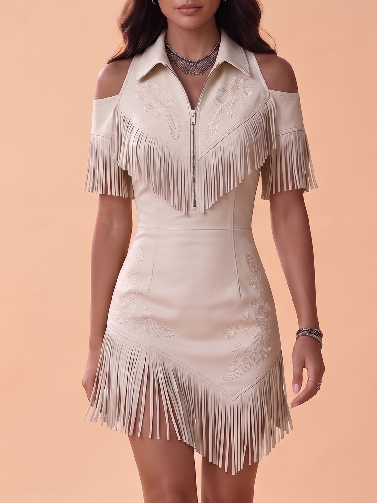 Western Dress — Ivory Cream Feather Embroidered Fringe Suede Dress Mini Dress