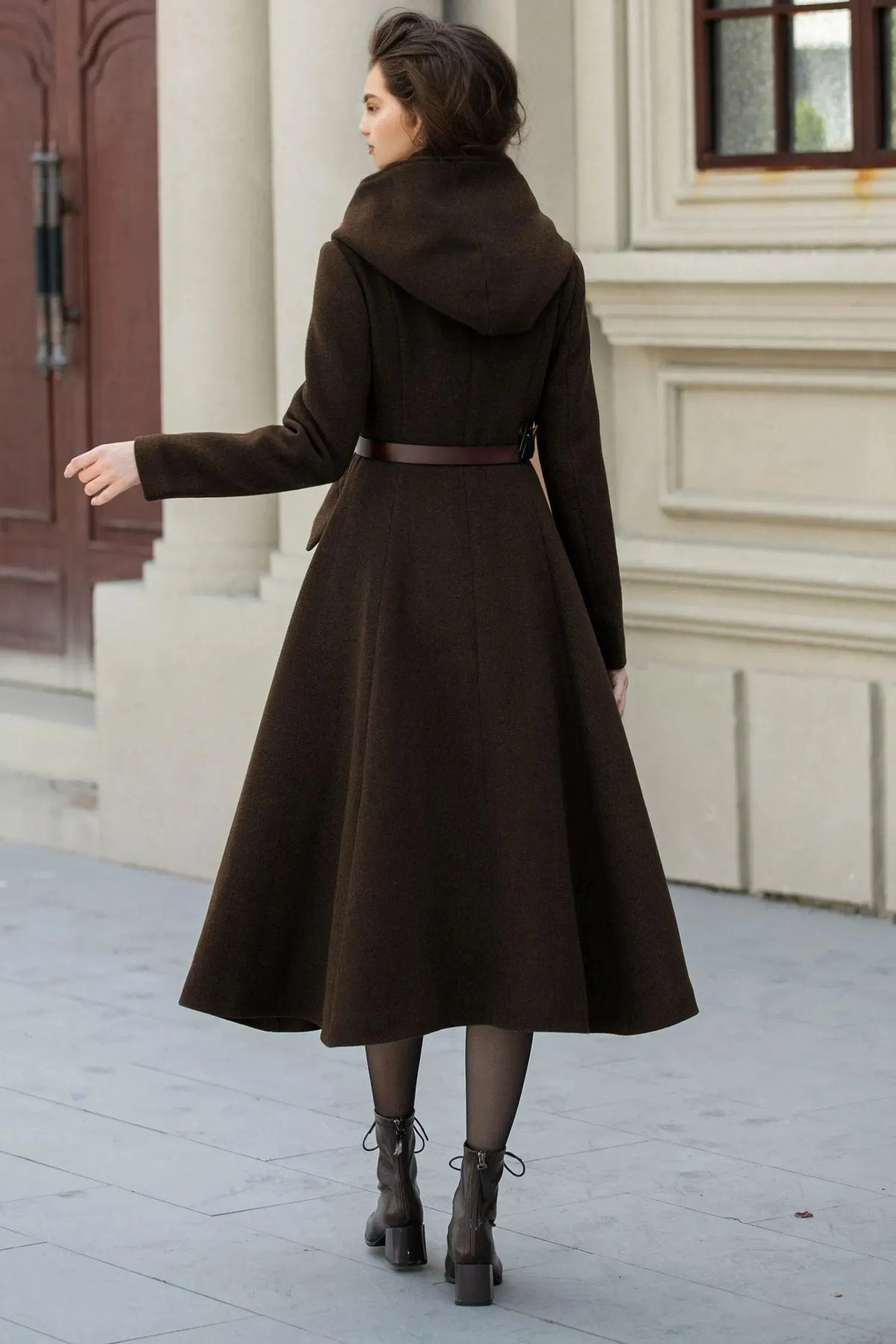 Army Green Wool A-Line Maxi Coat with Hood - Vintage Inspired Swing Fit 6385