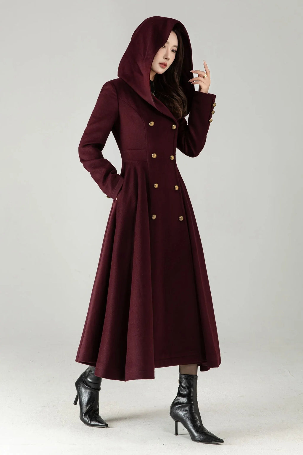 Hooded Burgundy Wool Coat – Elegant Double-Breasted Long Swing Coat 