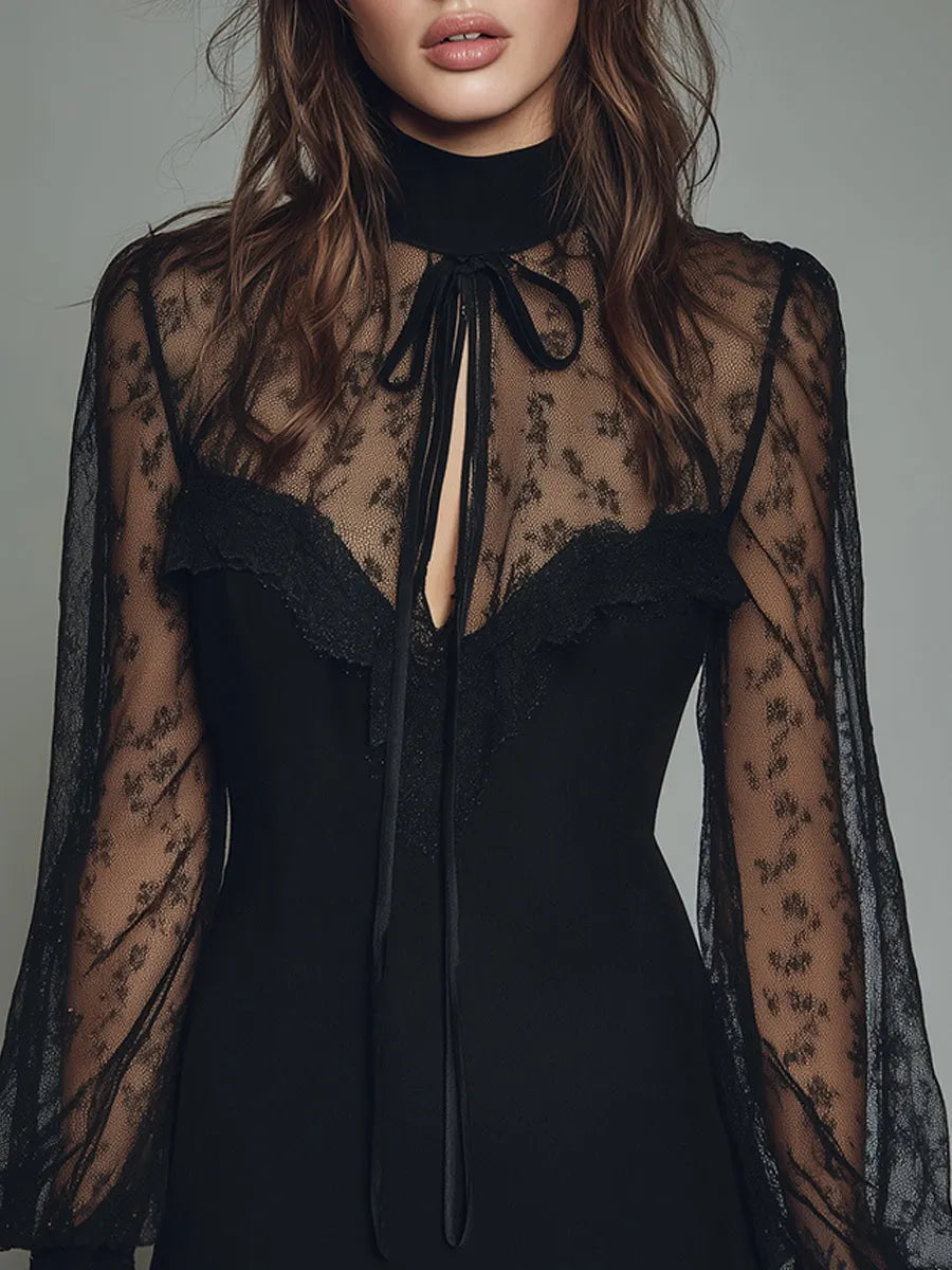 Vintage Lace Keyhole Neckline Fitted Mini Dress