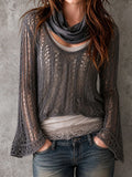 Charcoal Openwork Bell Sleeve Top
