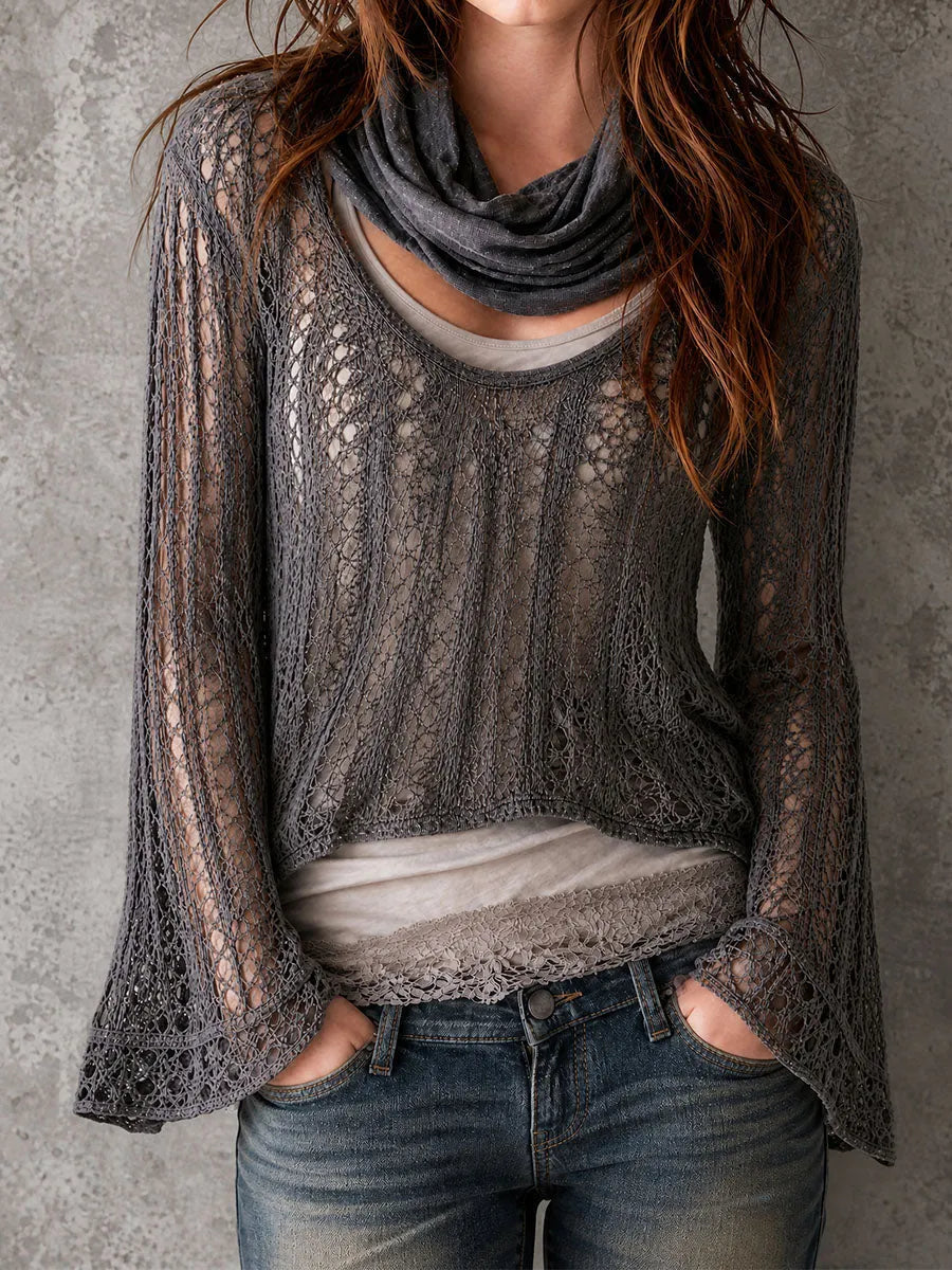 Charcoal Openwork Bell Sleeve Top