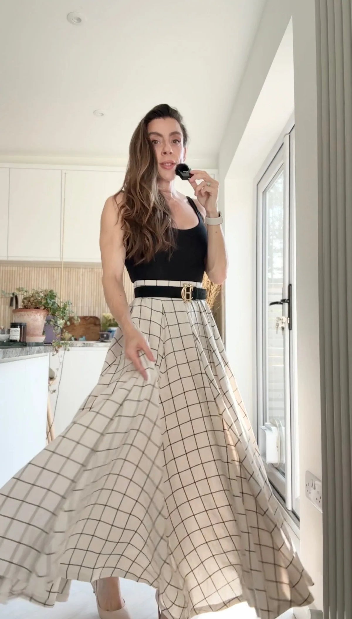 Plaid Linen Maxi Circle Skirt - Pleated A-Line 