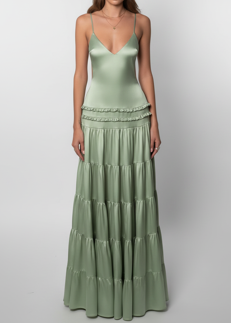 Deep V Backless Tiered Satin Maxi Dress